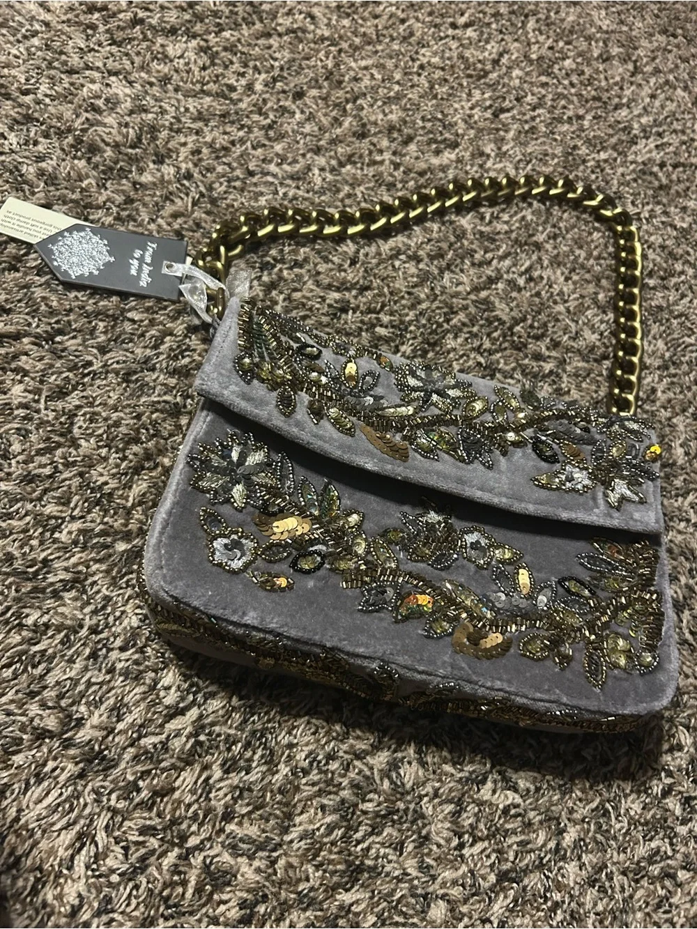 Hand Beaded Gray Velvet Shoulder Bag with Gold Chain